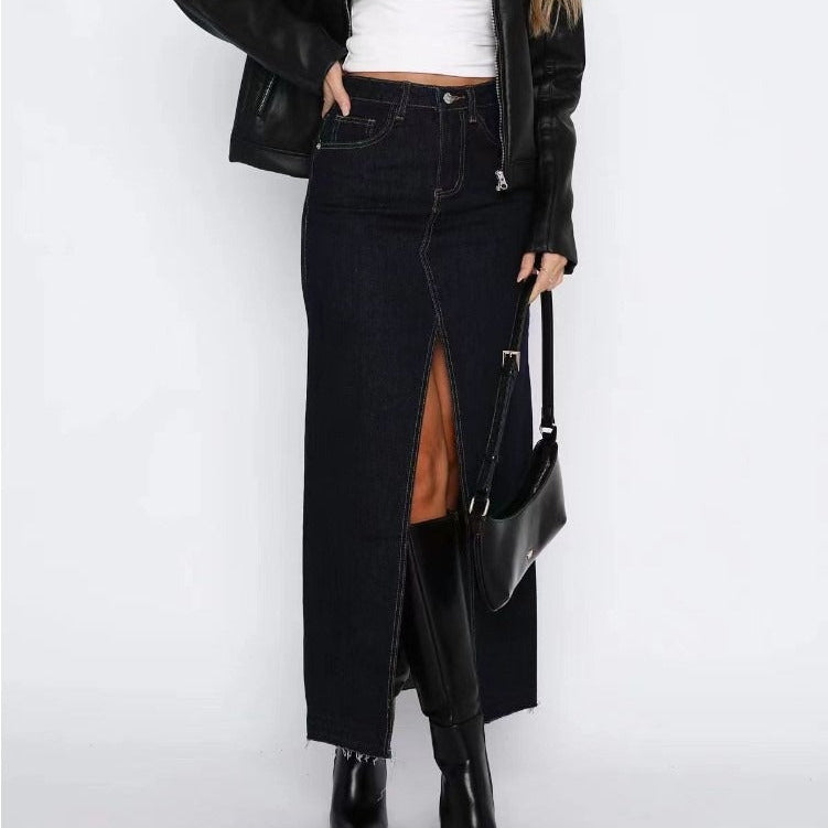Langer Damenrock aus Denim mit hoher Taille und Rückenschlitz - Emilie