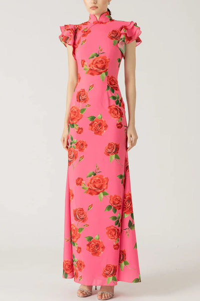Elena - Langes Kleid mit ausgestellten Ärmeln und floralem Rosendruck