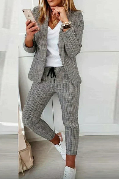 Rici - Casual Street Plaid Langarm Zweiteiliges Set