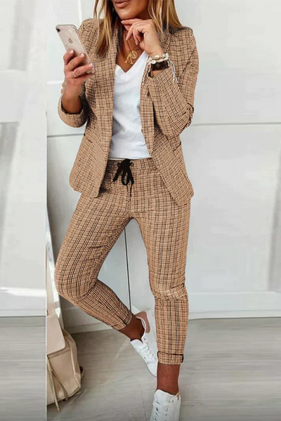 Rici - Casual Street Plaid Langarm Zweiteiliges Set