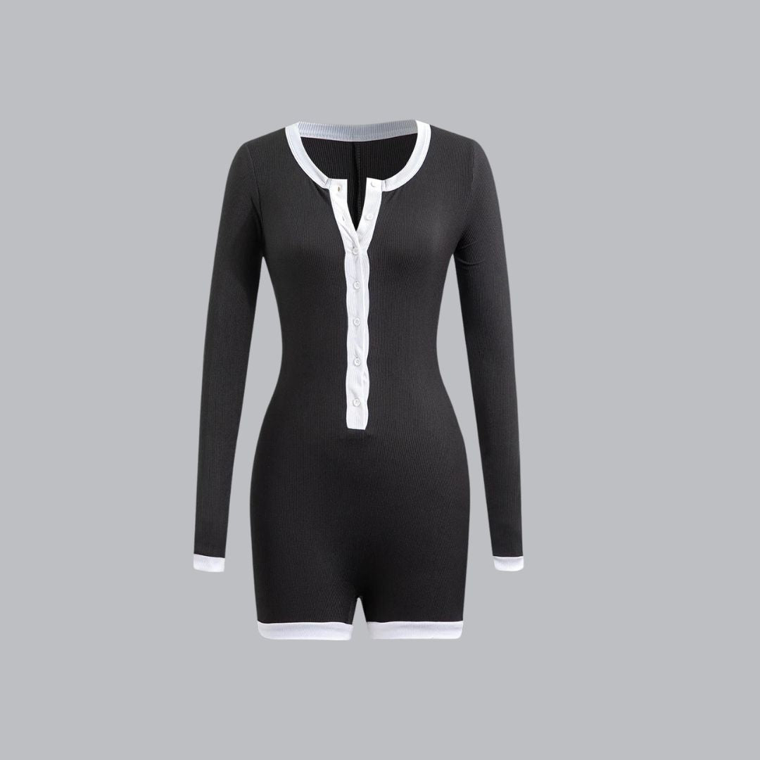 Melanie - Langärmliger Playsuit mit Kontrastbesatz und Knopfleiste