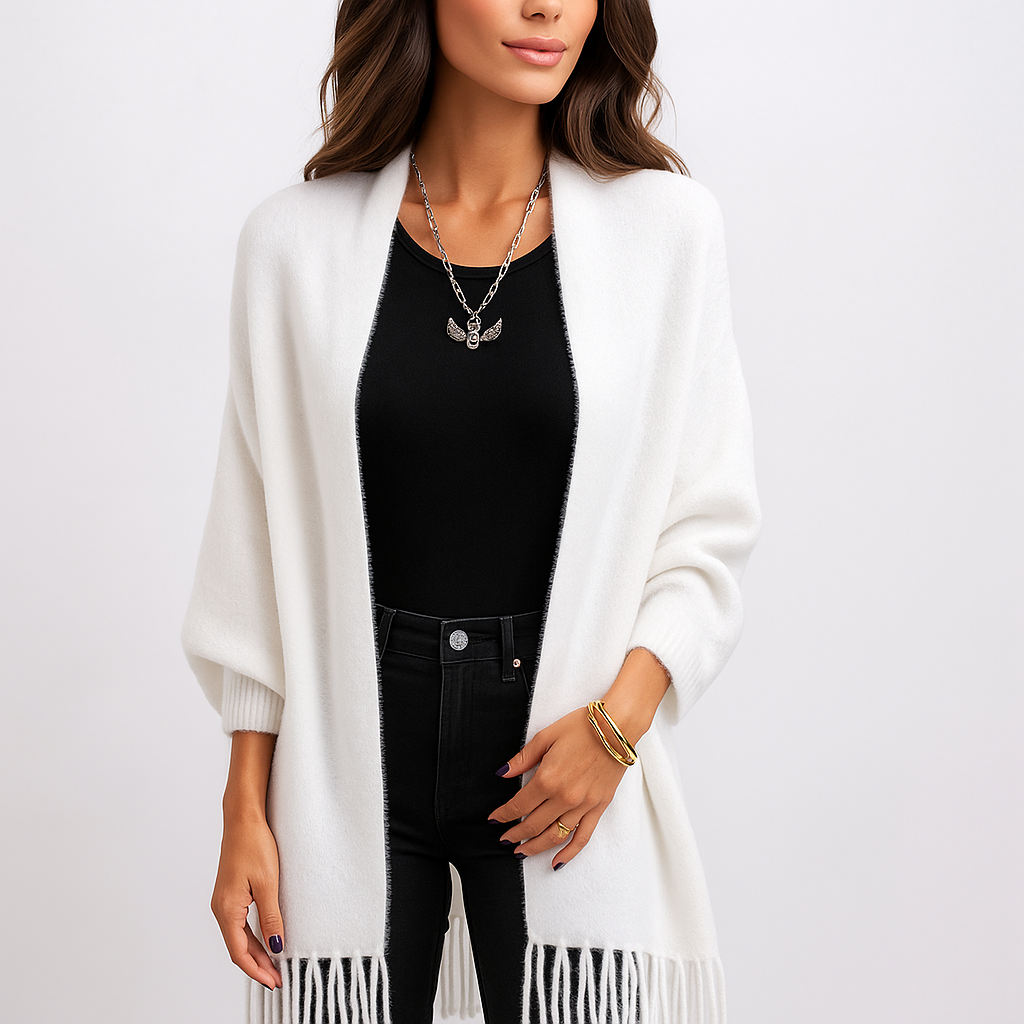 Moderne lange Damen Strickjacke mit dekorativen Fransen - Malkova