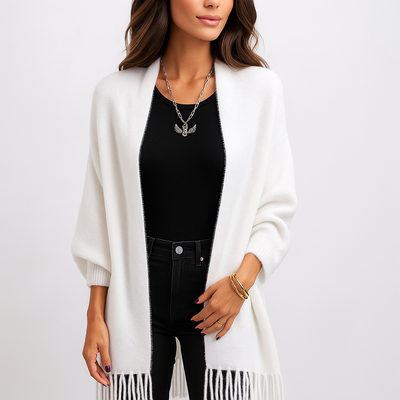Moderne lange Damen Strickjacke mit dekorativen Fransen - Malkova