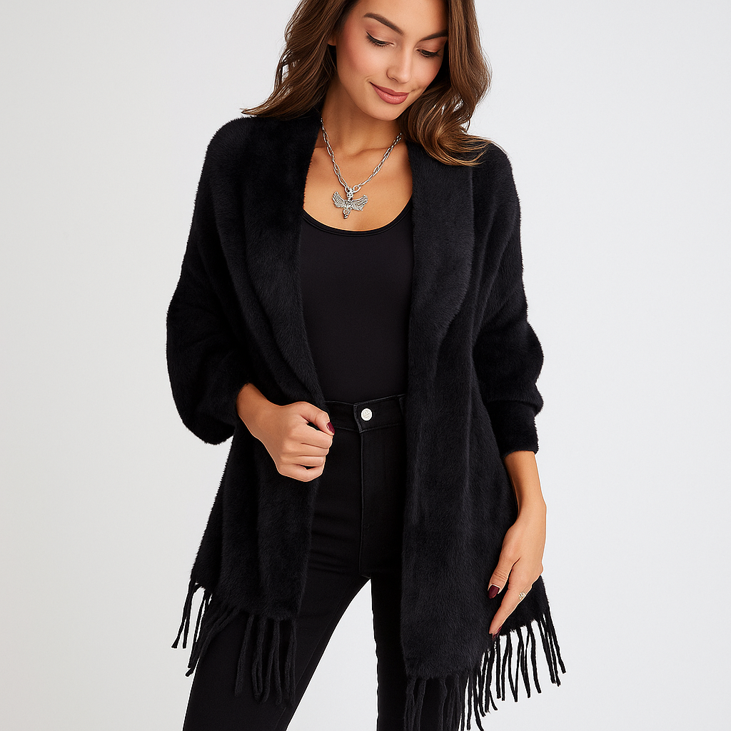 Moderne lange Damen Strickjacke mit dekorativen Fransen - Malkova