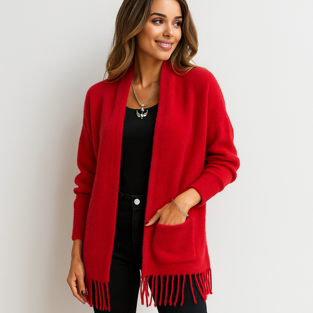 Moderne lange Damen Strickjacke mit dekorativen Fransen - Malkova