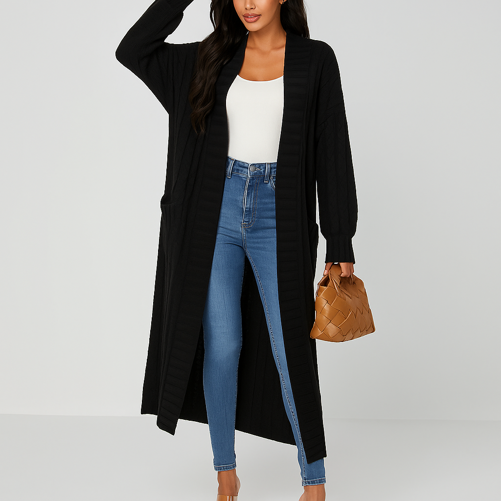 Lange, offene Damenstrickjacke mit Flechtmuster - Tammy