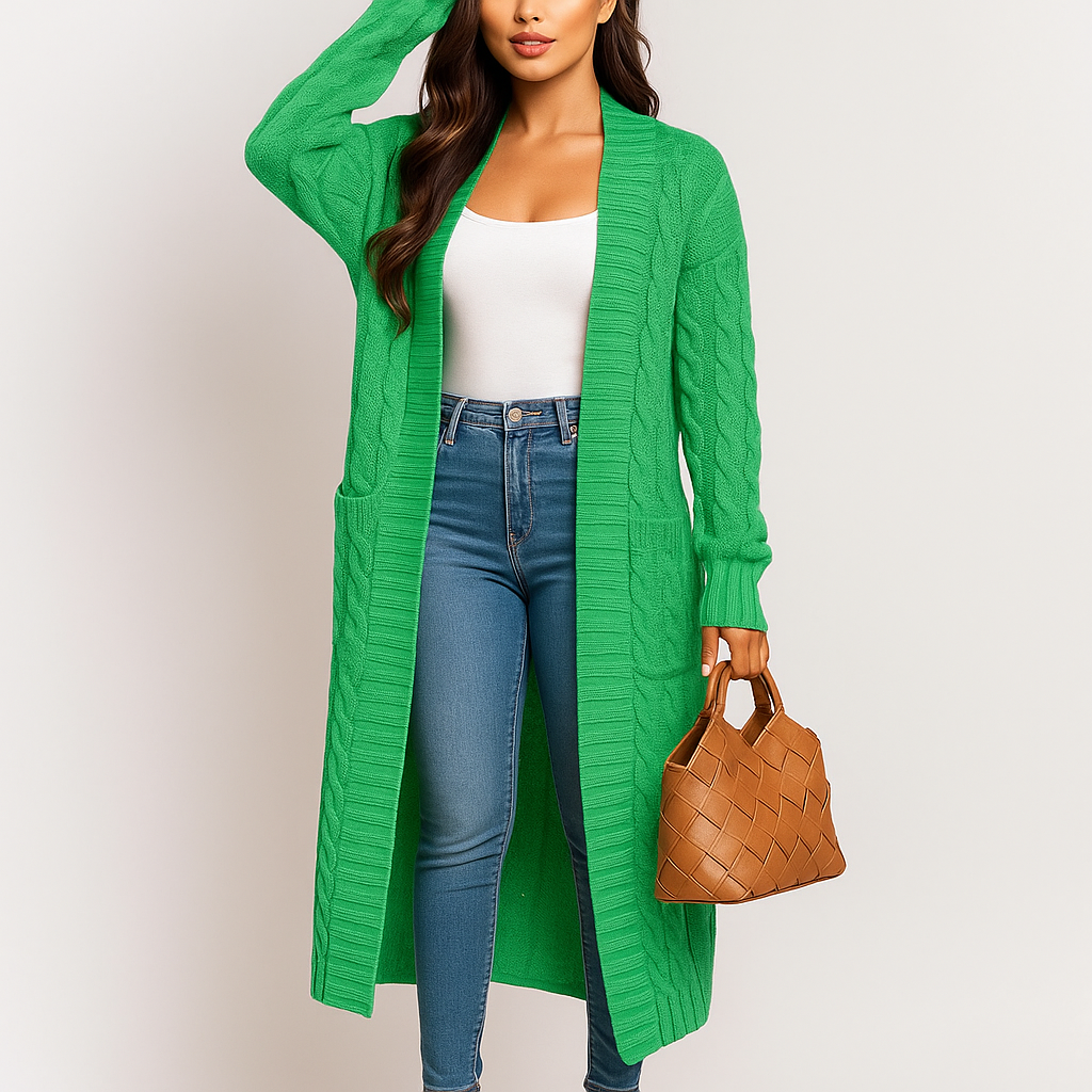 Lange, offene Damenstrickjacke mit Flechtmuster - Tammy