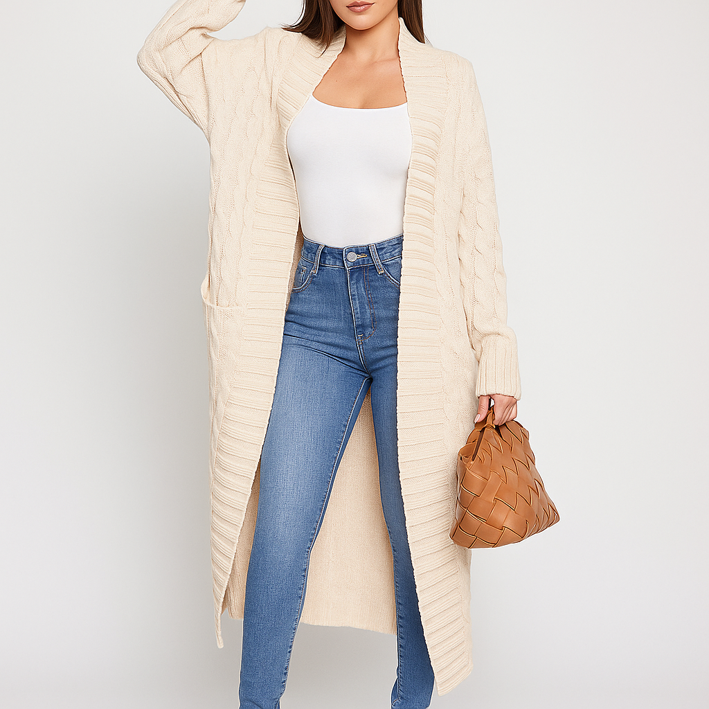 Lange, offene Damenstrickjacke mit Flechtmuster - Tammy