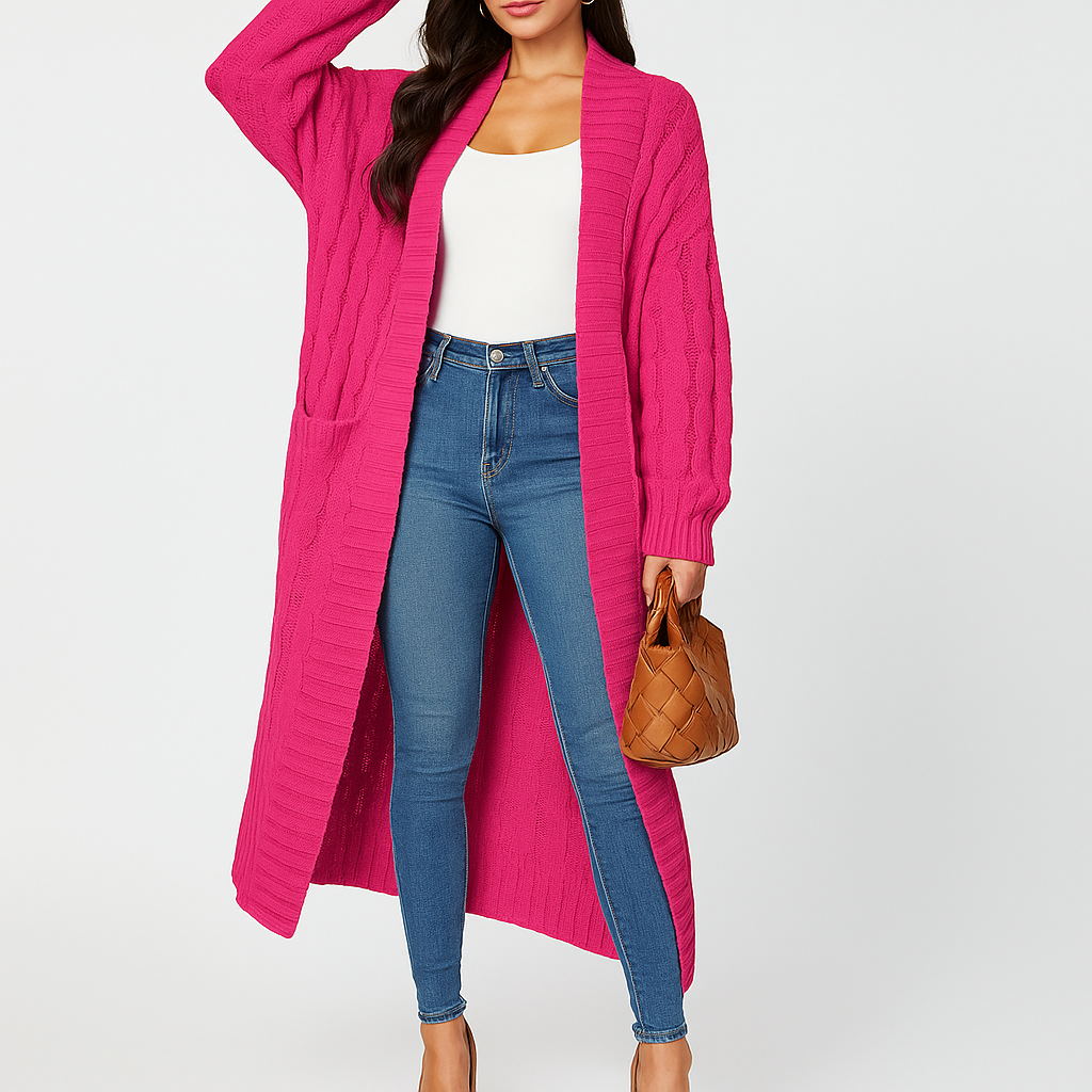Lange, offene Damenstrickjacke mit Flechtmuster - Tammy