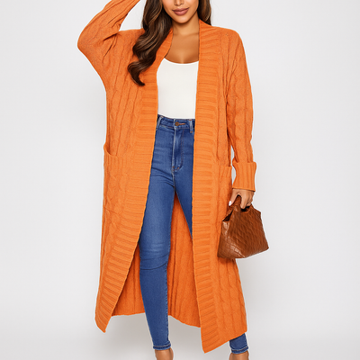 Lange, offene Damenstrickjacke mit Flechtmuster - Tammy