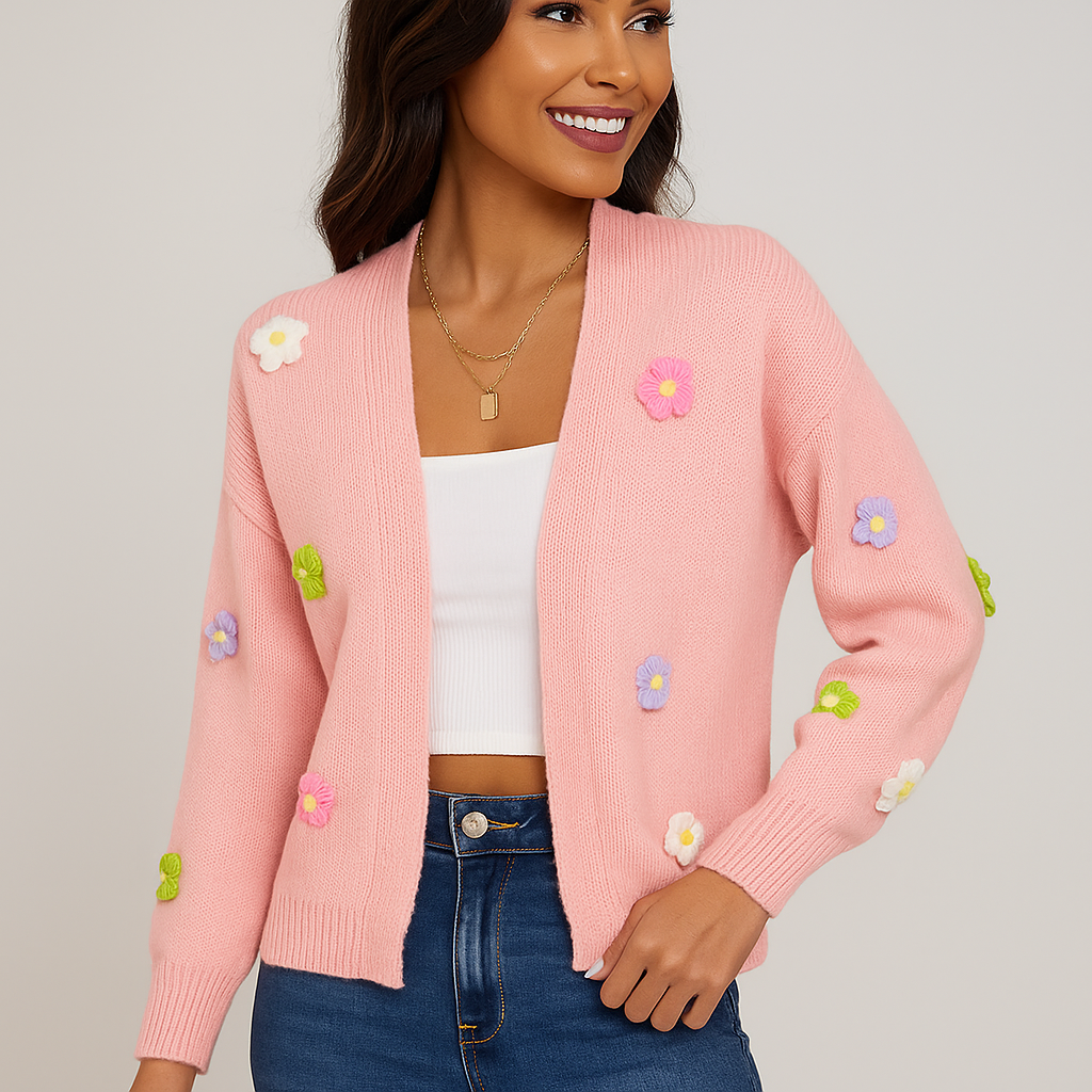 Damenstrickjacke mit dekorativer Blumenapplikation - Lily