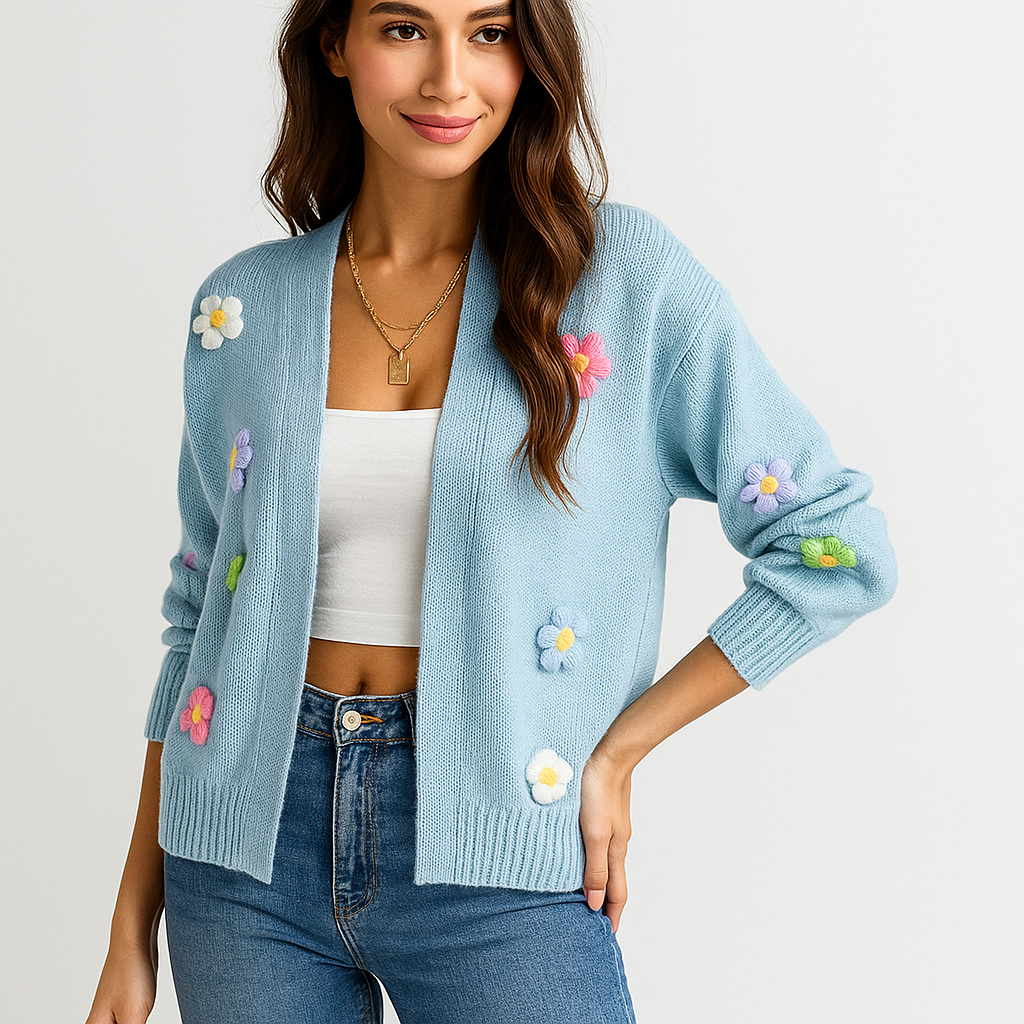 Damenstrickjacke mit dekorativer Blumenapplikation - Lily