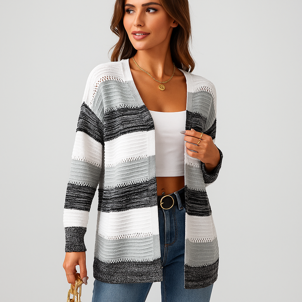 Leichte offene Damenstrickjacke mit Streifenmuster - Bianca