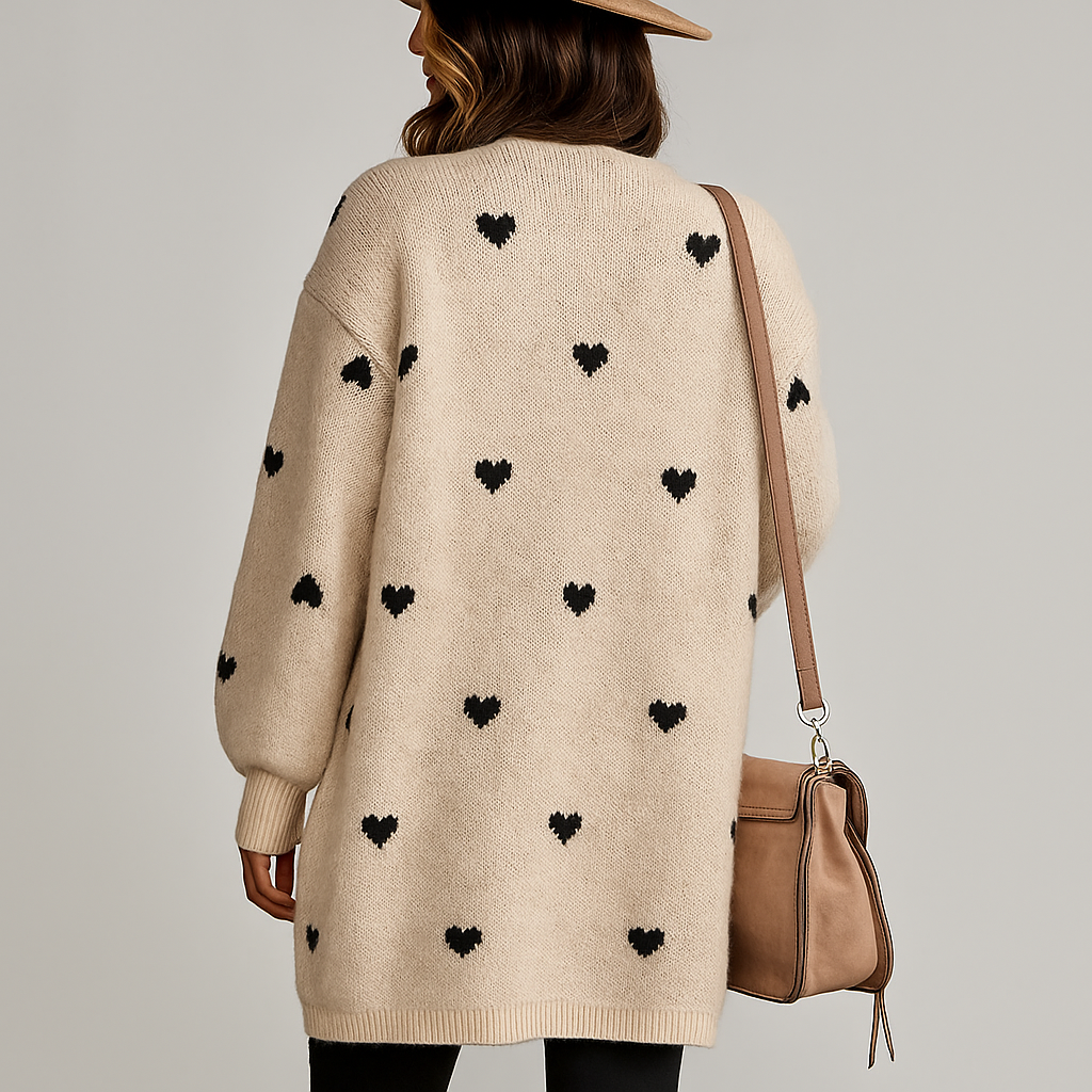 Lange Damenstrickjacke mit gestickten Herzen - Idris