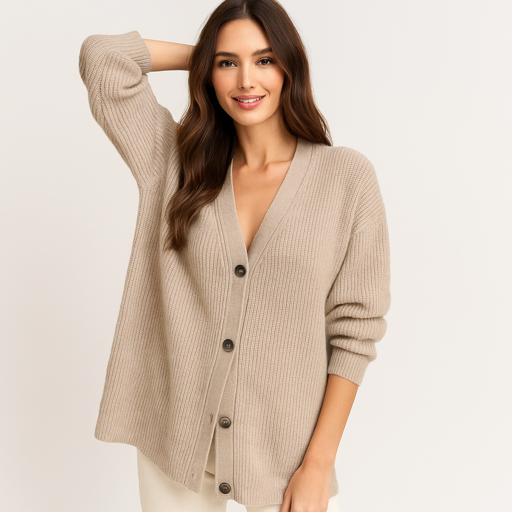 Beigefarbene Strickjacke mit Knöpfen für Damen - Elira