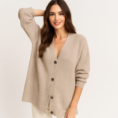 Beigefarbene Strickjacke mit Knöpfen für Damen - Elira