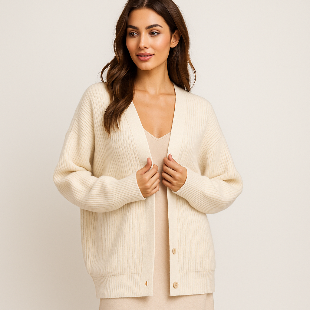 Beigefarbene Strickjacke mit Knöpfen für Damen - Elira