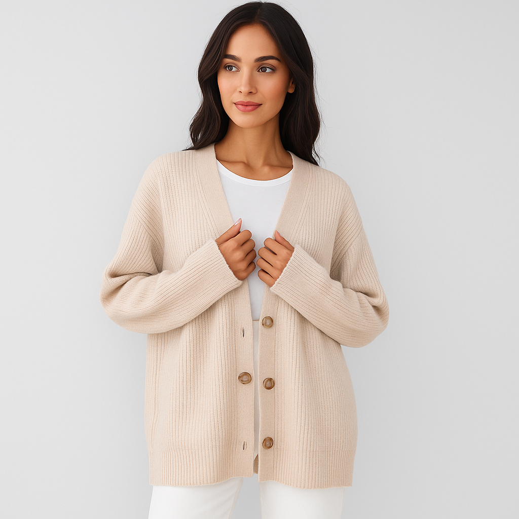 Beigefarbene Strickjacke mit Knöpfen für Damen - Elira
