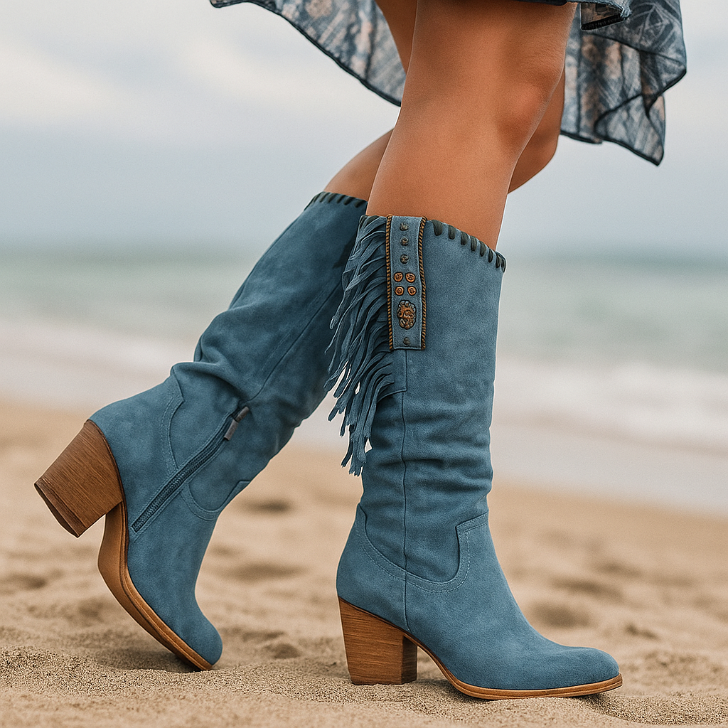 Hohe Damenstiefel mit Fransen und bequemem Absatz - Magda
