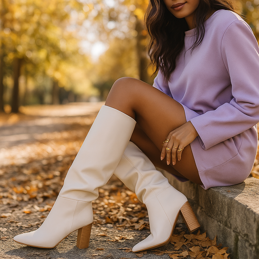 Hohe Damenstiefel mit elegantem breiten Absatz - Amira