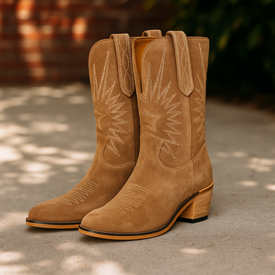 Damen-Cowboystiefel mit Stickerei und niedrigem Absatz - Ivanna