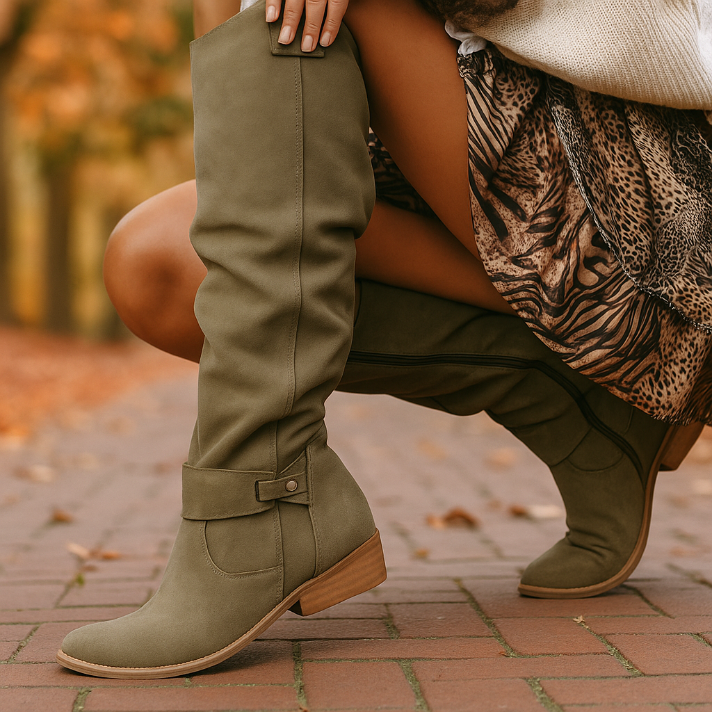 Moderne hohe Damenstiefel mit niedrigem Absatz - Mafer