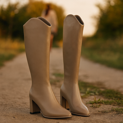 Hohe Damenstiefel aus veganem Leder mit quadratischem Absatz - Amilcar