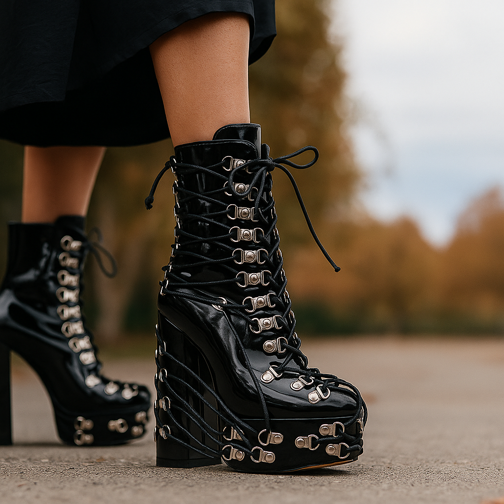 Damen Plateaustiefel hoher Schaft aus veganem Leder mit dekorativen Schnürsenkeln - Mireya