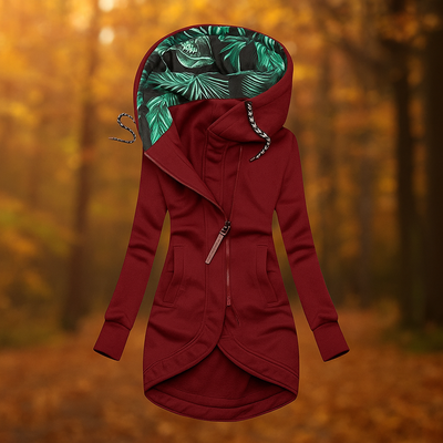 Bedruckte lange Jacke mit Kapuze und asymmetrischem Design - Ivanna