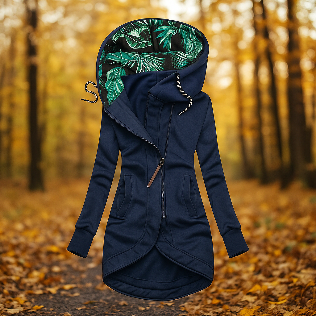 Bedruckte lange Jacke mit Kapuze und asymmetrischem Design - Ivanna