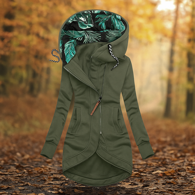 Bedruckte lange Jacke mit Kapuze und asymmetrischem Design - Ivanna