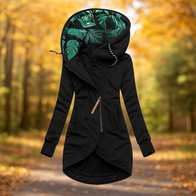 Bedruckte lange Jacke mit Kapuze und asymmetrischem Design - Ivanna