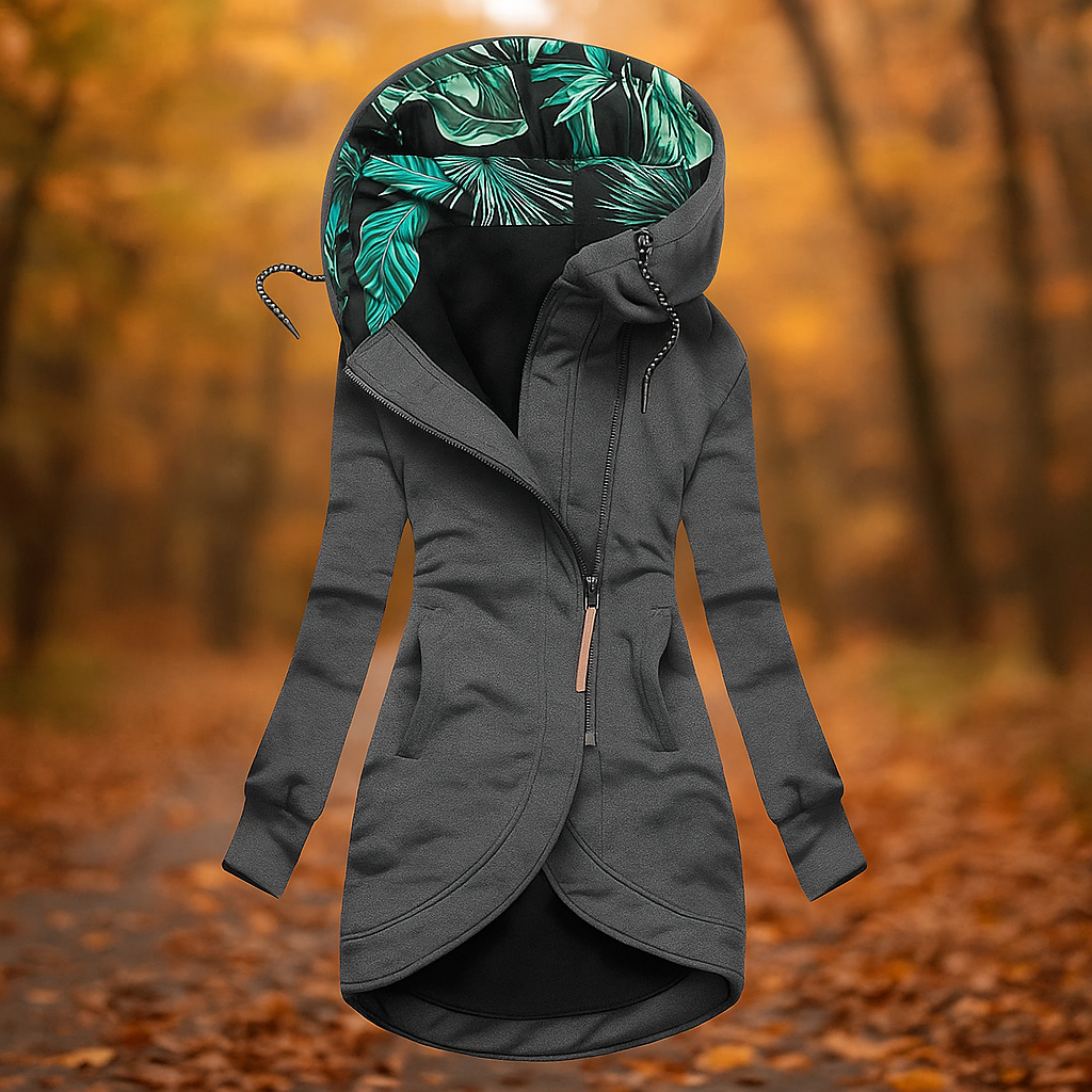 Bedruckte lange Jacke mit Kapuze und asymmetrischem Design - Ivanna