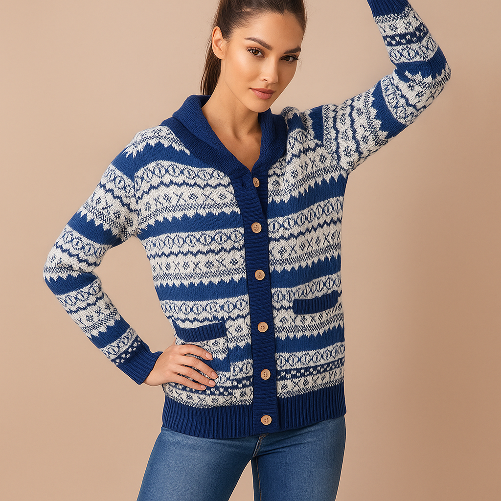 Damen Strickjacke Wintermuster mit Knöpfen vorne - Ingrid