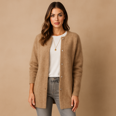 Lange Damenstrickjacke mit minimalistischen Knöpfen vorne - Clara