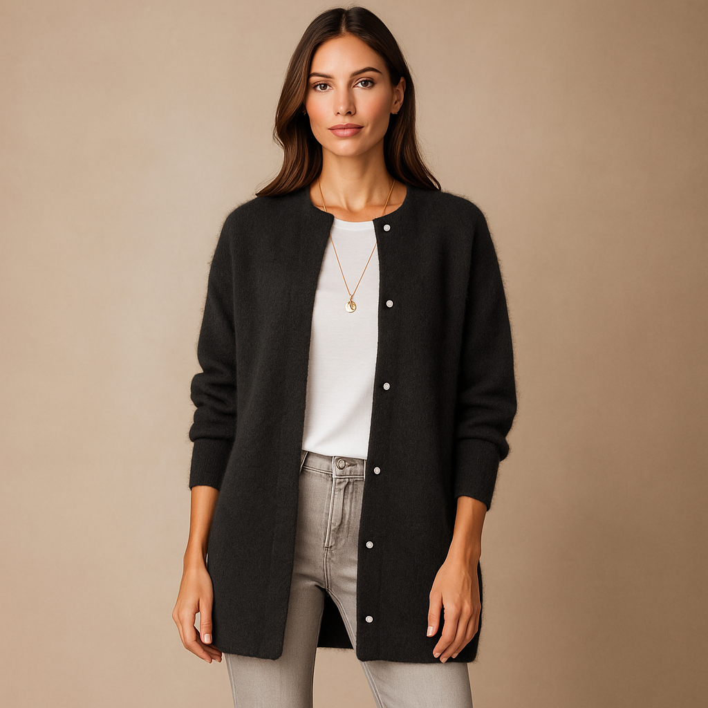 Lange Damenstrickjacke mit minimalistischen Knöpfen vorne - Clara