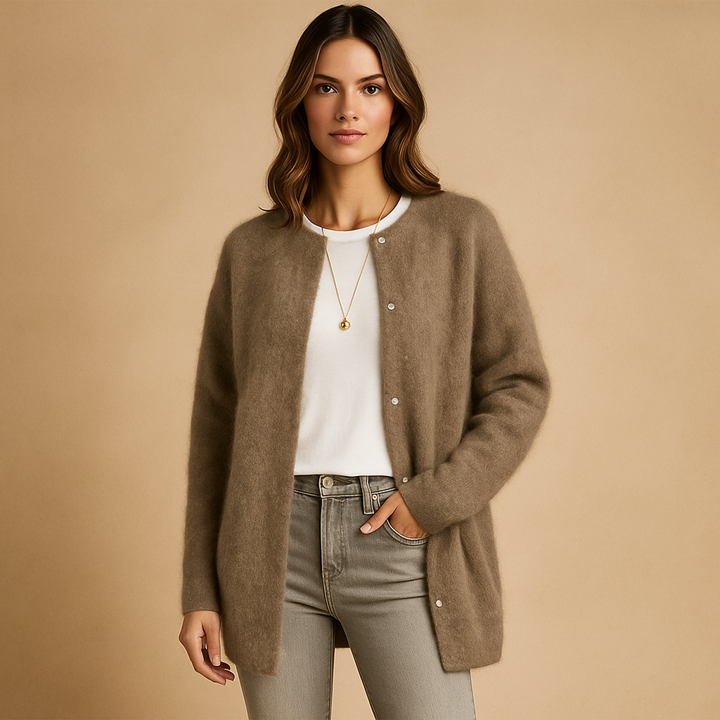 Lange Damenstrickjacke mit minimalistischen Knöpfen vorne - Clara