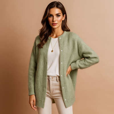 Lange Damenstrickjacke mit minimalistischen Knöpfen vorne - Clara