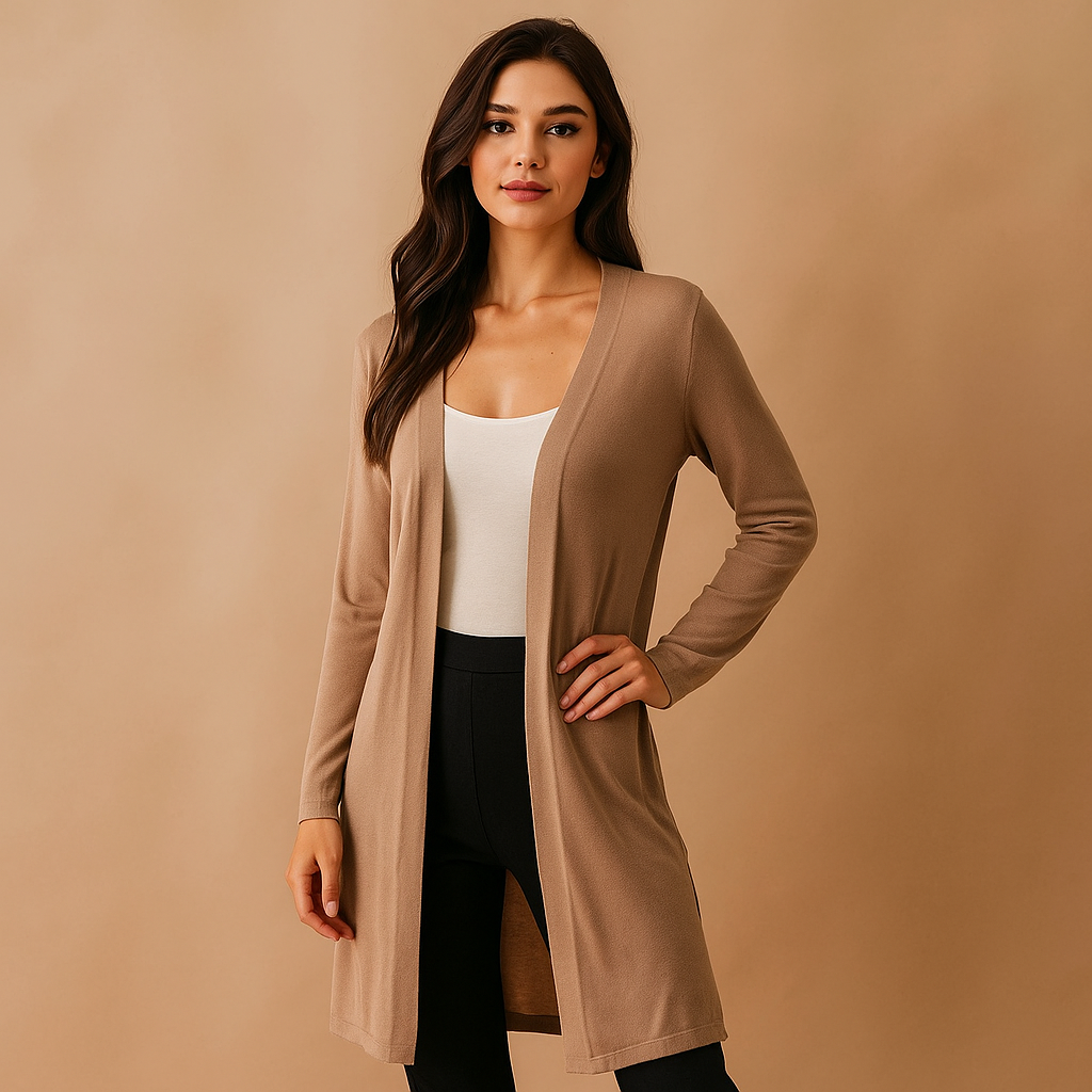 Langer offener Cardigan für Damen im minimalistischen Stil - Lang
