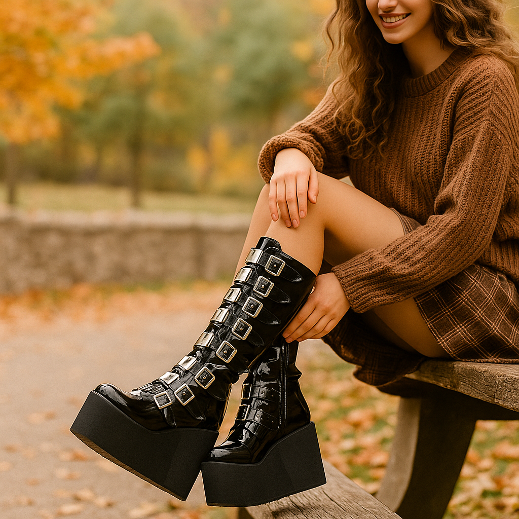 Wadenhohe Plateaustiefel aus veganem Leder mit Schnallen - Melody
