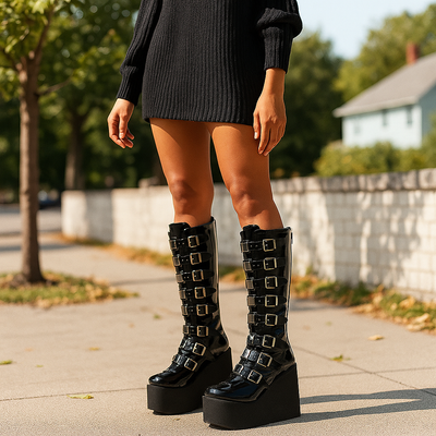 Wadenhohe Plateaustiefel aus veganem Leder mit Schnallen - Melody