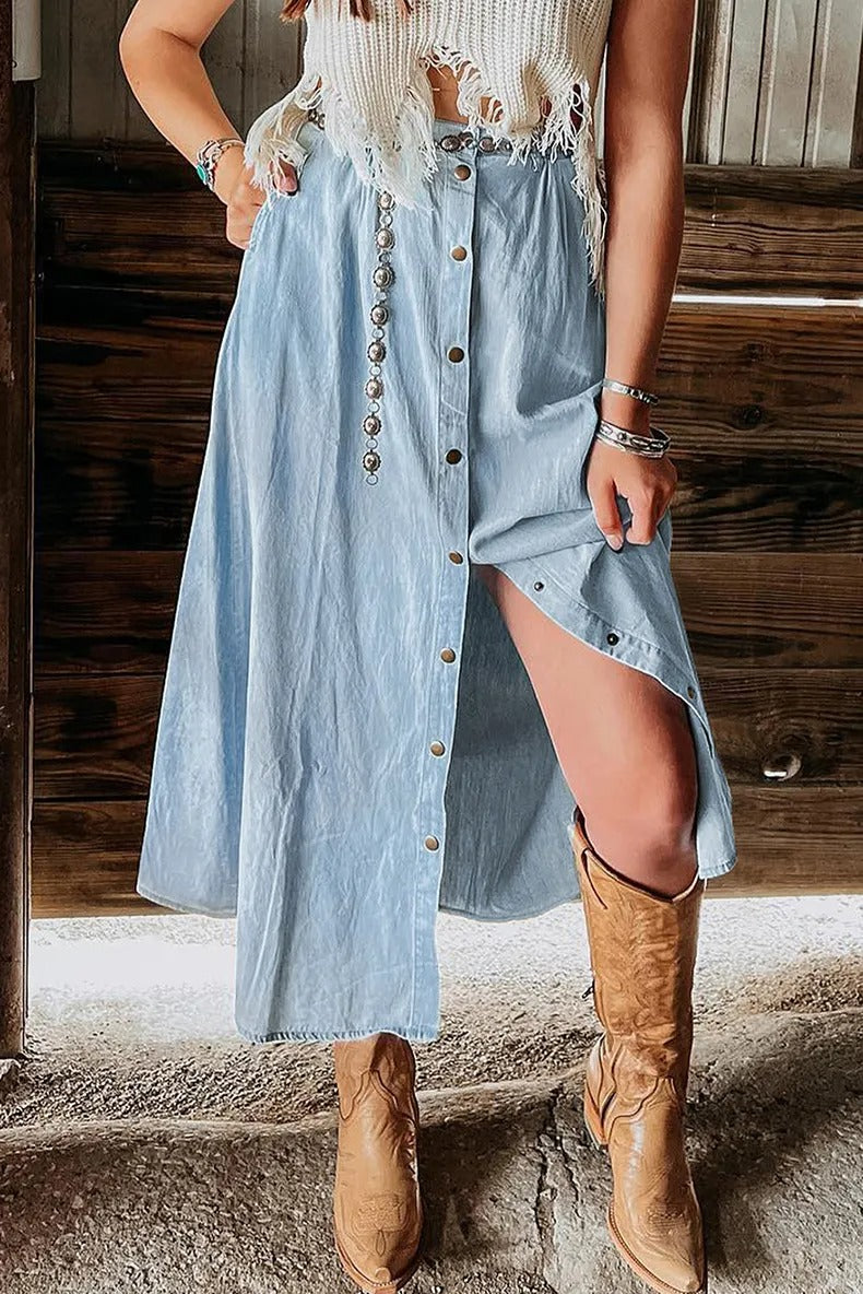 Langer Damenrock mit Knöpfen aus blauem Denim - Mairena