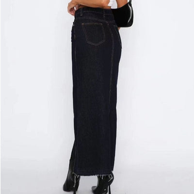 Langer Damenrock aus Denim mit hoher Taille und Rückenschlitz - Emilie