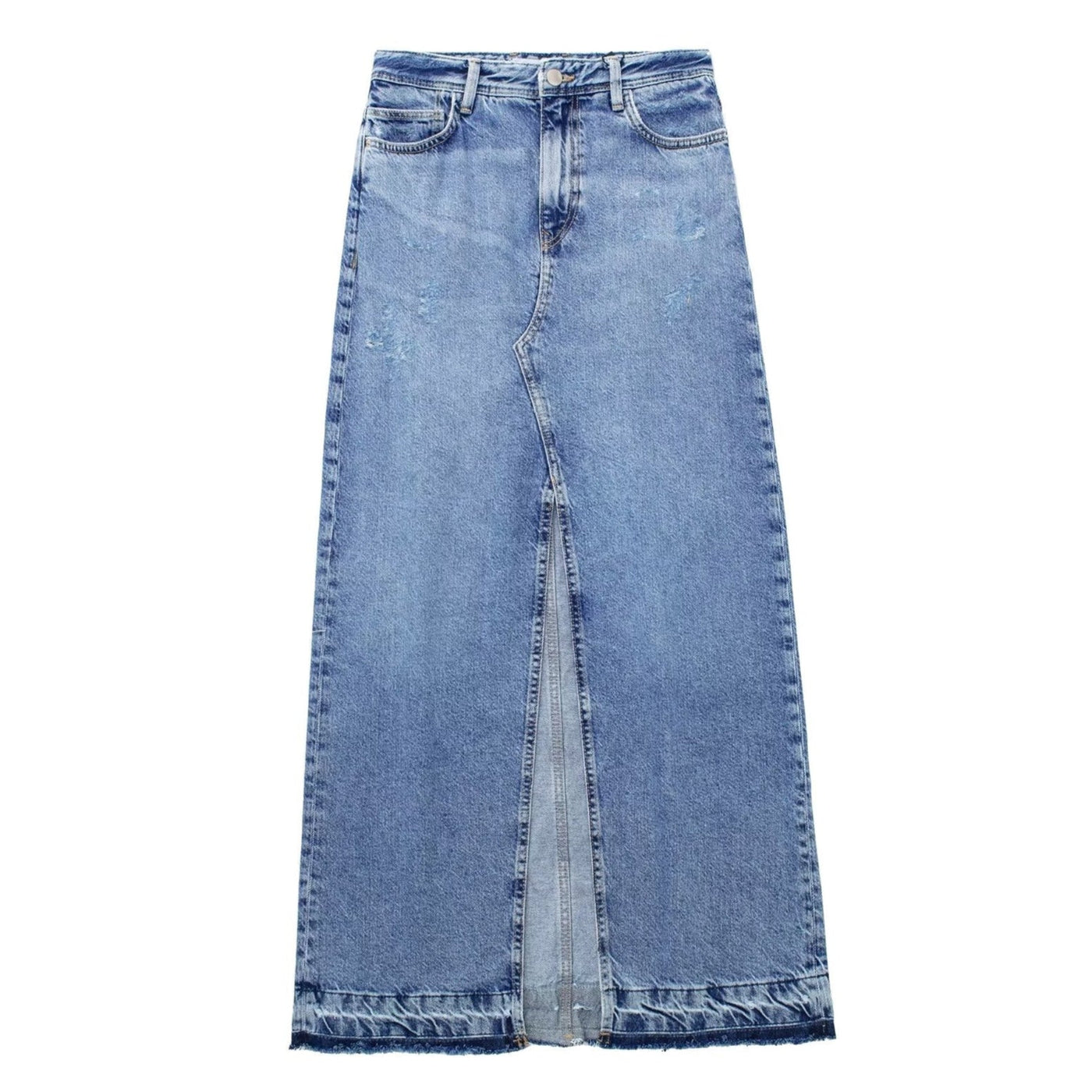 Langer Damenrock aus Denim mit hoher Taille und Rückenschlitz - Emilie