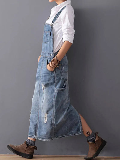 Latzkleid aus Distressed-Jeansstoff mit Schlitz hinten - Lara