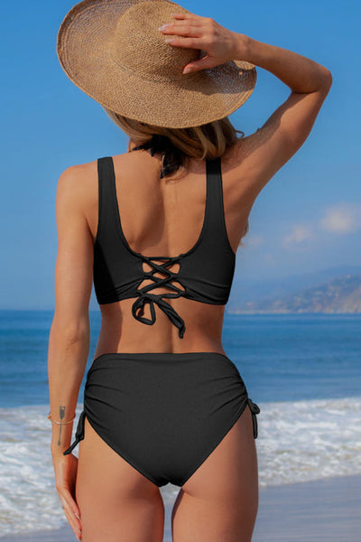 Ocean Chic - Schwarzes Bikini-Set mit Kordelzug an der Vorderseite