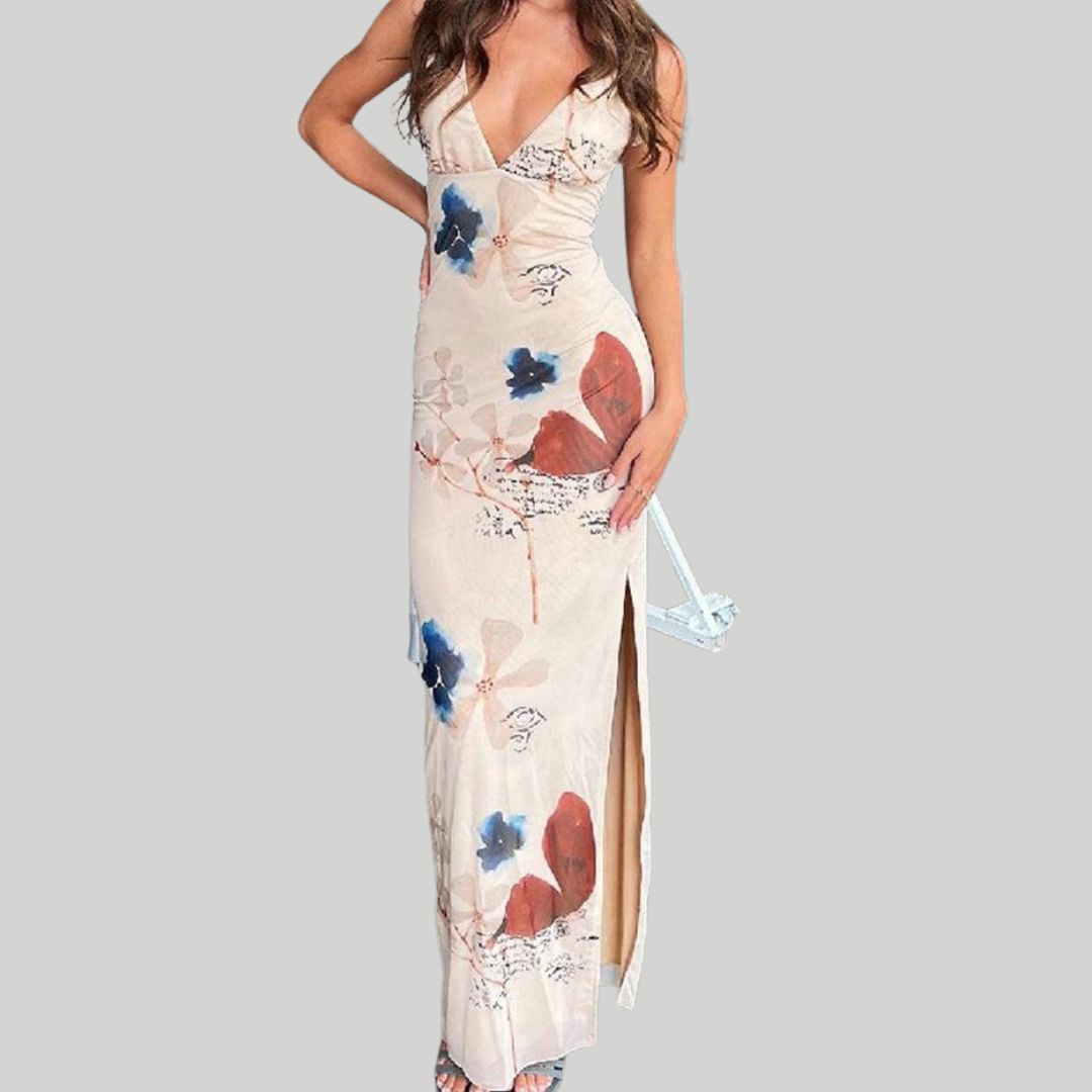 Esme - Langes Kleid mit Blumendruck und V-Ausschnitt