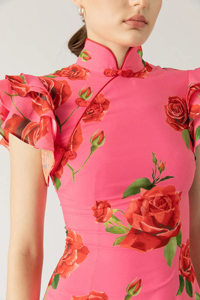 Elena - Langes Kleid mit ausgestellten Ärmeln und floralem Rosendruck