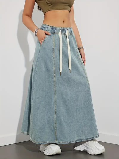Langer Jeansrock mit verstellbarem Kordelzug, bequem und vielseitig - Fannie