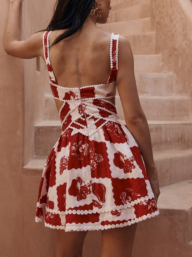 Gilma - Minikleid A-Linie hohl mit V-Ausschnitt mit einzigartigem dekorativem Blumendruck
